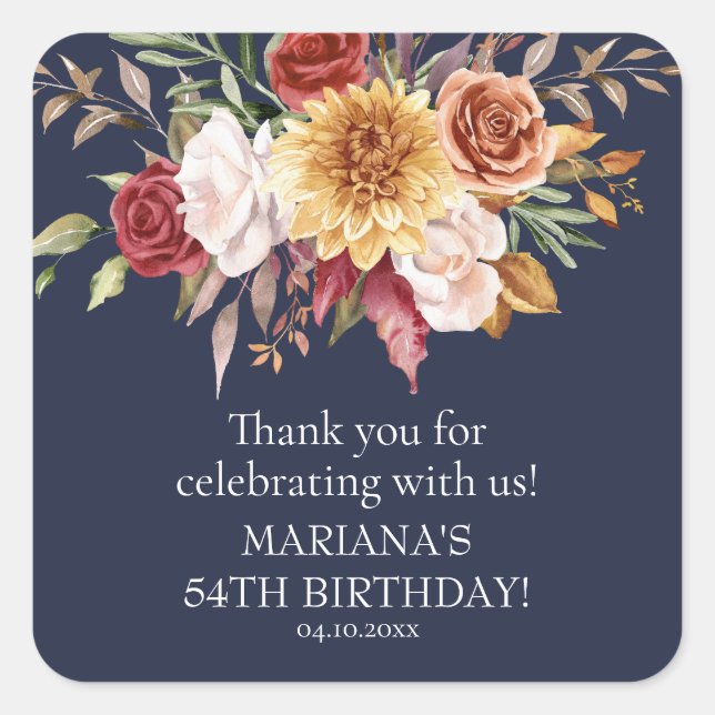 Pegatina Cuadrada Fall Foliage Navy Blue Birthday Party Favor (Anverso)