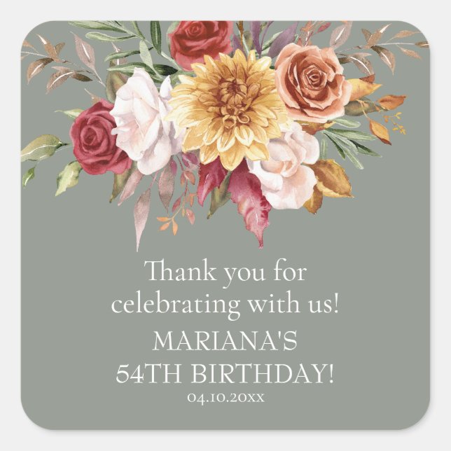 Pegatina Cuadrada Fall Foliage Sage Green Birday Party Favor (Anverso)