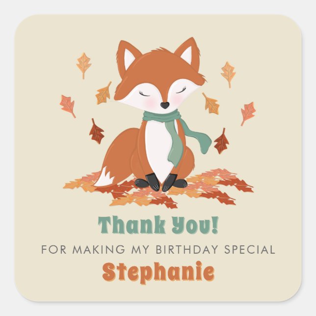 Pegatina Cuadrada Fall Fox Woodland Birthday (Anverso)