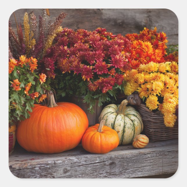 Pegatina Cuadrada Fall Harvest Tablescape - Autumn Pumpkins Flowers (Anverso)
