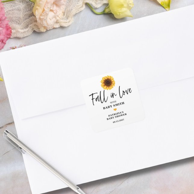 Pegatina Cuadrada Fall in Love Sunflower Baby Shower (Subido por el creador)