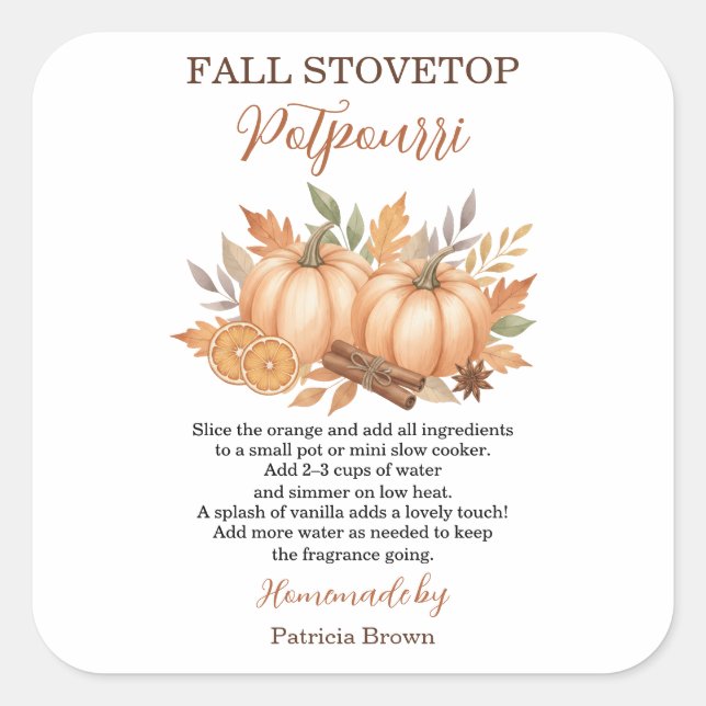 Pegatina Cuadrada Fall Stovetop Potpourri Recipe Pumpkin (Anverso)