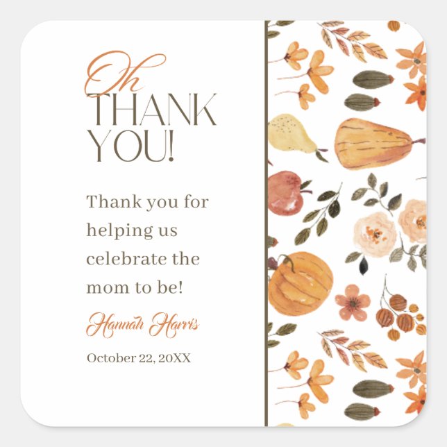 Pegatina Cuadrada Fall Theme Baby Shower Thank You Sticker (Anverso)