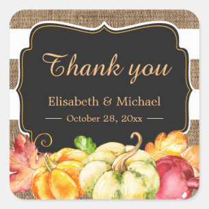 Pegatina Cuadrada Fall Wedding Favor Autumn Pumpkin Burlap Gracias