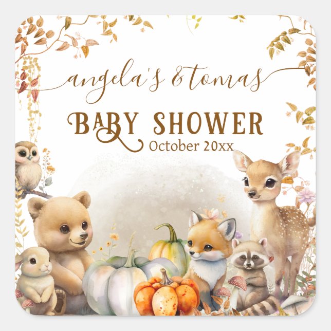 Pegatina Cuadrada Fall Woodland Little Pumpkin Baby Shower (Anverso)