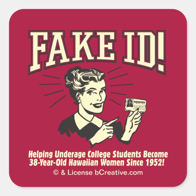 Pegatina Cuadrada Falso ID: Underage College Hawaiian (Anverso)