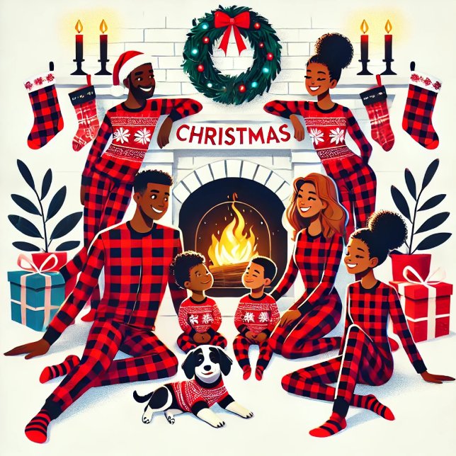 Pegatina Cuadrada Familia afroamericana de vacaciones acogedora pija (Cozy Holiday African American Family Pajama )