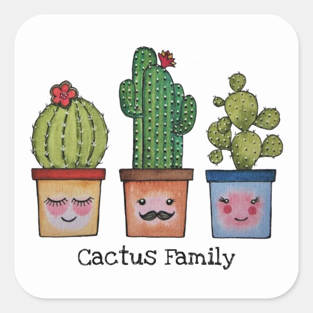 Pegatina Cuadrada Familia Cute Cactus En Acuarela (Anverso)