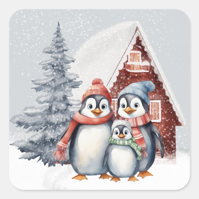 Pegatina Cuadrada Familia de adorables pingüinos de Navidad (Anverso)