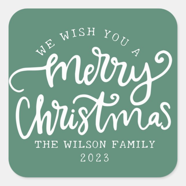 Pegatina Cuadrada Familia de caligrafía de letras verdes (Anverso)