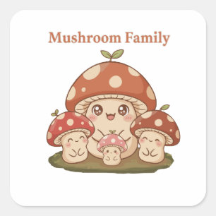 Pegatina Cuadrada Familia de Hongos Adorables Arte Retro Kawaii de H