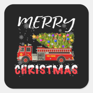 Pegatina Cuadrada Familia de Navidades bomberos de camiones cisterna