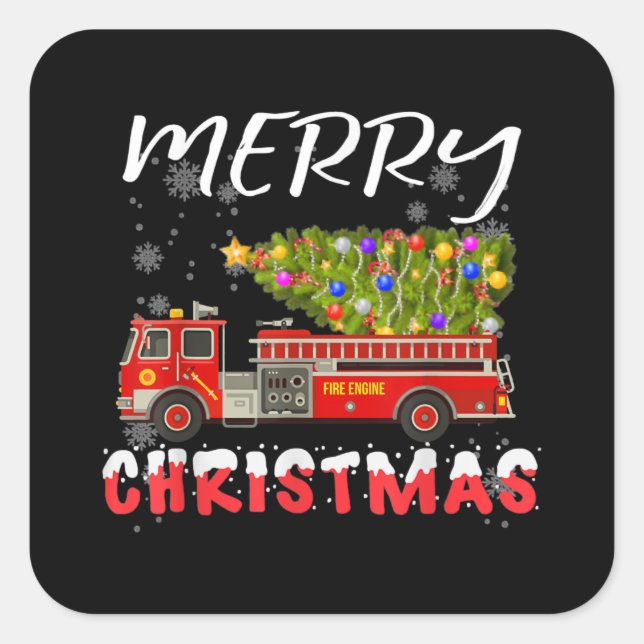 Pegatina Cuadrada Familia de Navidades bomberos de camiones cisterna (Anverso)
