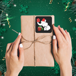 Pegatina Cuadrada Familia de Navidades de Elefantes Blancos y Regalo