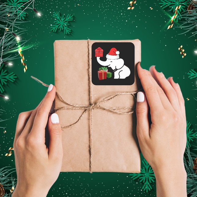 Pegatina Cuadrada Familia de Navidades de Elefantes Blancos y Regalo (White Elephant & Gifts Christmas Family Square Sticker)