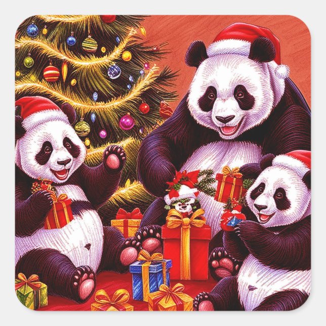 Pegatina Cuadrada Familia De Pandas Abriendo Regalos De Navidad (Anverso)