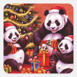 Pegatina Cuadrada Familia De Pandas Abriendo Regalos De Navidad