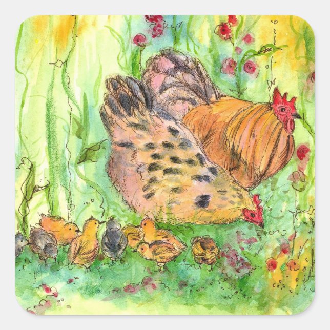 Pegatina Cuadrada Familia de Pollos Acuarela Granja de aves (Anverso)