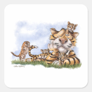 Pegatina Cuadrada Familia de Tigre de Dibujos Animados
