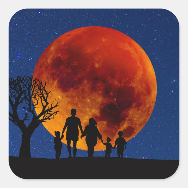 Pegatina Cuadrada Familia Eclipse Lunar de Luna de Sangre (Anverso)