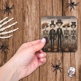 Pegatina Cuadrada Familia Esqueleto Feliz Halloween