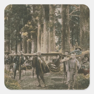 Pegatina Cuadrada Familia japonesa siendo transportada en basura, añ