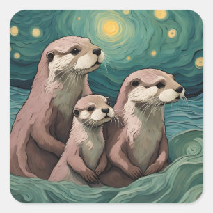 Pegatina Cuadrada Familia Otter en un océano nocturno estrellado