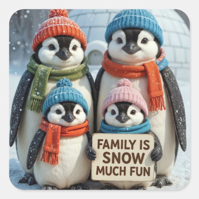 Pegatina Cuadrada Familia Pingüino En Copos De Nieve (Anverso)