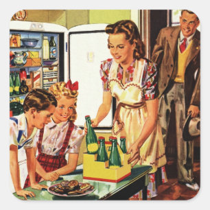 Pegatina Cuadrada Familia Vintage, Mamá con Niños, Meriendas en la C