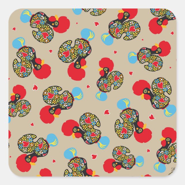 Pegatina Cuadrada Famoso Rooster de Barcelos Nr 06 Pattern (Anverso)
