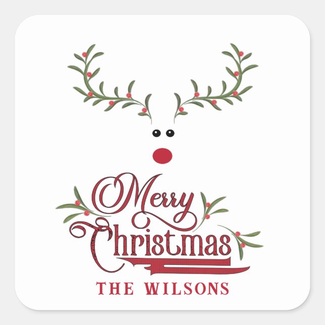 Pegatina Cuadrada Famoso y florido reno de bayas (Anverso)