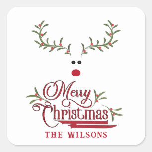 Pegatina Cuadrada Famoso y florido reno de bayas