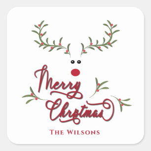 Pegatina Cuadrada Famoso y florido reno de bayas