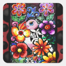 Fancioso pájaro frailecillo abstracto en flores