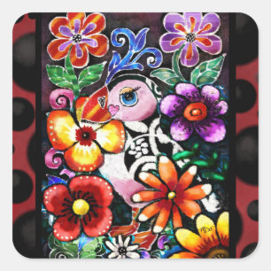 Pegatina Cuadrada Fancioso pájaro frailecillo abstracto en flores