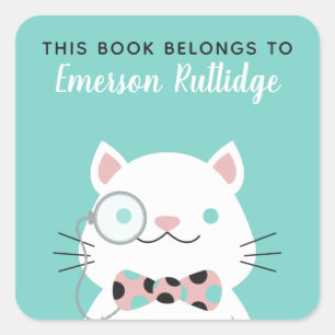 Pegatina Cuadrada Fancy Cat Turquesa Este Libro Pertenece A
