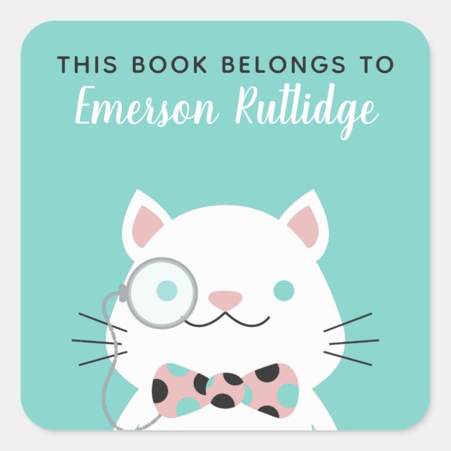 Pegatina Cuadrada Fancy Cat | Turquesa Este Libro Pertenece A (Anverso)