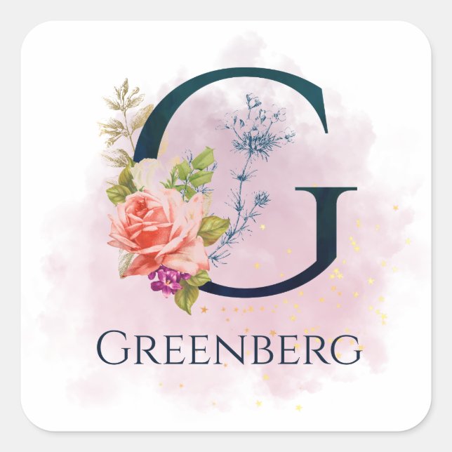 Pegatina Cuadrada Fancy Floral Monograma Letra G Splash Acuarela  (Anverso)