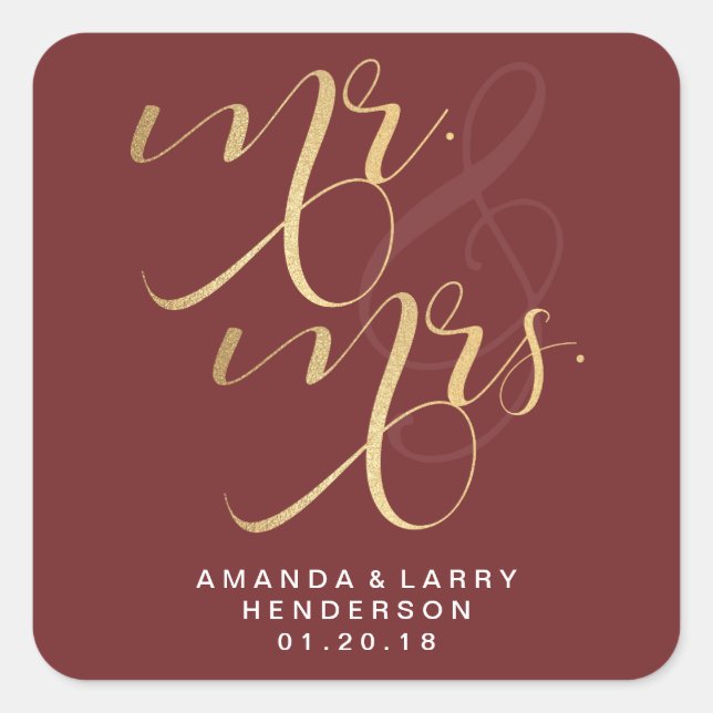 Pegatina Cuadrada Fancy Gold Mr. y Mrs. Wedding Stickers (Anverso)