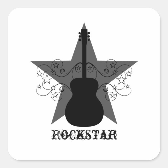 Pegatina Cuadrada Fancy Guitar Star Swirls Square Pegatinas, negro (Anverso)