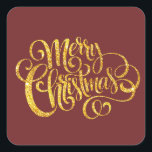 Pegatina Cuadrada Fancy Merry Christmas<br><div class="desc">La tipografía de Fancy Gold Merry Christmas sobre el fondo rojo ladrillo añade un toque festivo</div>