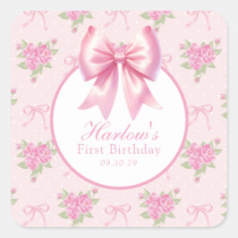 Pegatina Cuadrada Fancy One Pink Coquette Bow Cumpleaños