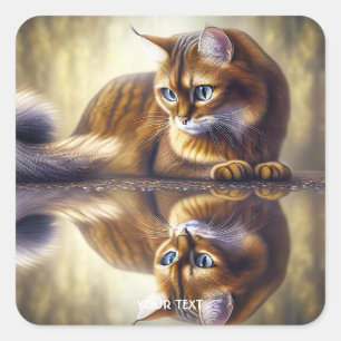 Pegatina Cuadrada Fantasía Agua Reflexión Gata Cuta
