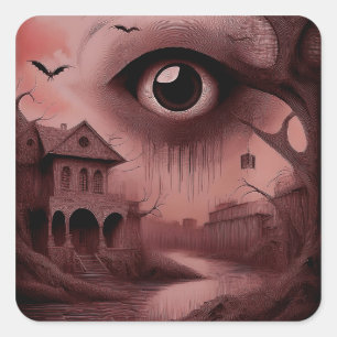 Pegatina Cuadrada Fantasía: Casa en ruinas con ojo gigante