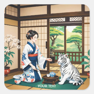 Pegatina Cuadrada Fantasía Chica chiquito Kimono Tiger