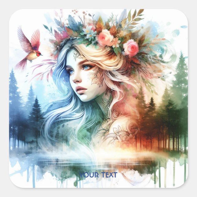 Pegatina Cuadrada Fantasía Chica dulce flor pájaro (Anverso)