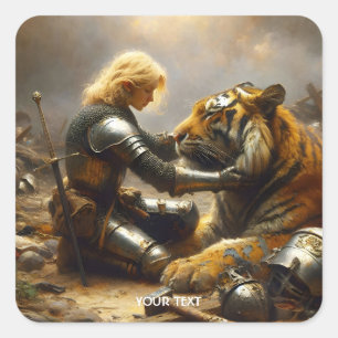 Pegatina Cuadrada Fantasía Chica lindo tigre herido