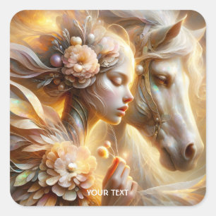 Pegatina Cuadrada Fantasía Chica Y Caballo