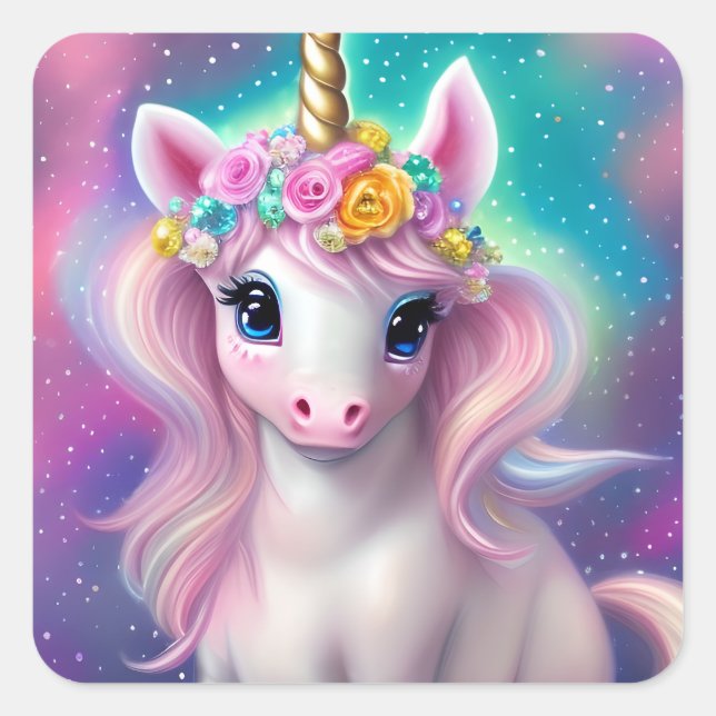 Pegatina Cuadrada Fantasía colorida Kawaii Unicorn (Anverso)