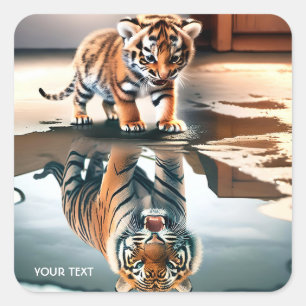 Pegatina Cuadrada Fantasía Cuesta Bebé Tigre Puddle